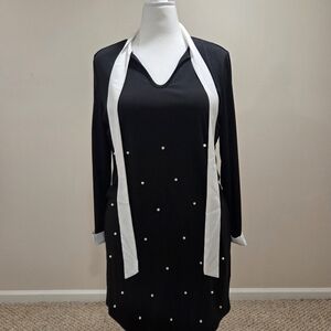 SHEIN Black Long-Sleeve Pearl-Accent Dress with White Scarf